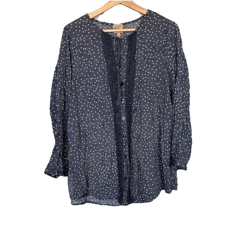 Como Vintage Polka Dot Blouse Top Embroidered Tassel Women’s 2X Boho Peasant